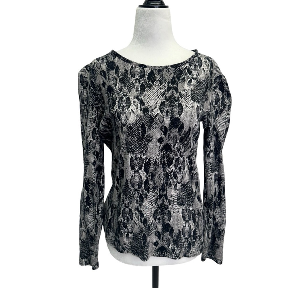 Jones New York Grey Black Snakeskin Print Long Sleeve Crew Neck T-Shirt Top M
